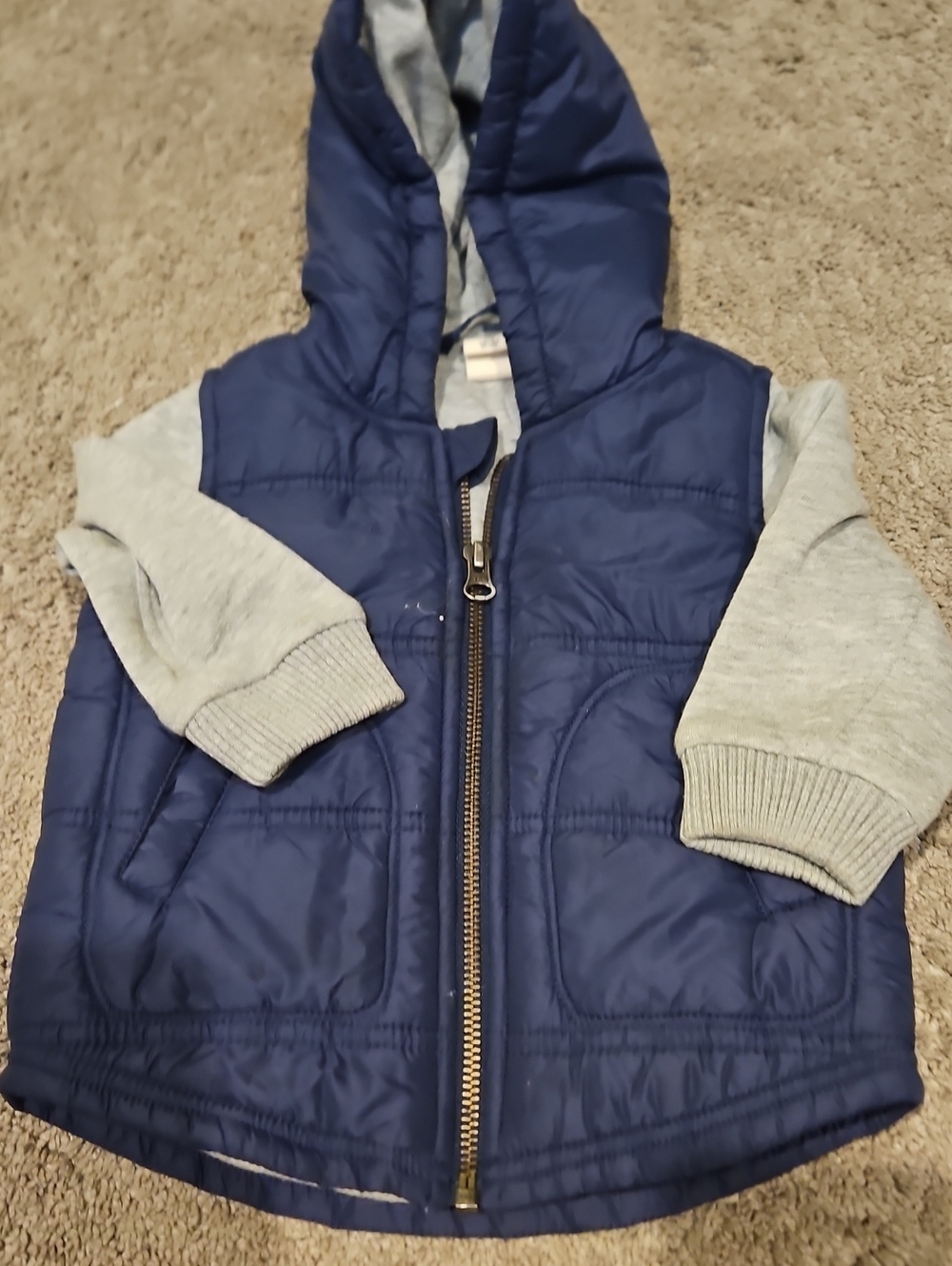 Kids Hooded Puffer Vest with Grey Sleeves - Navy